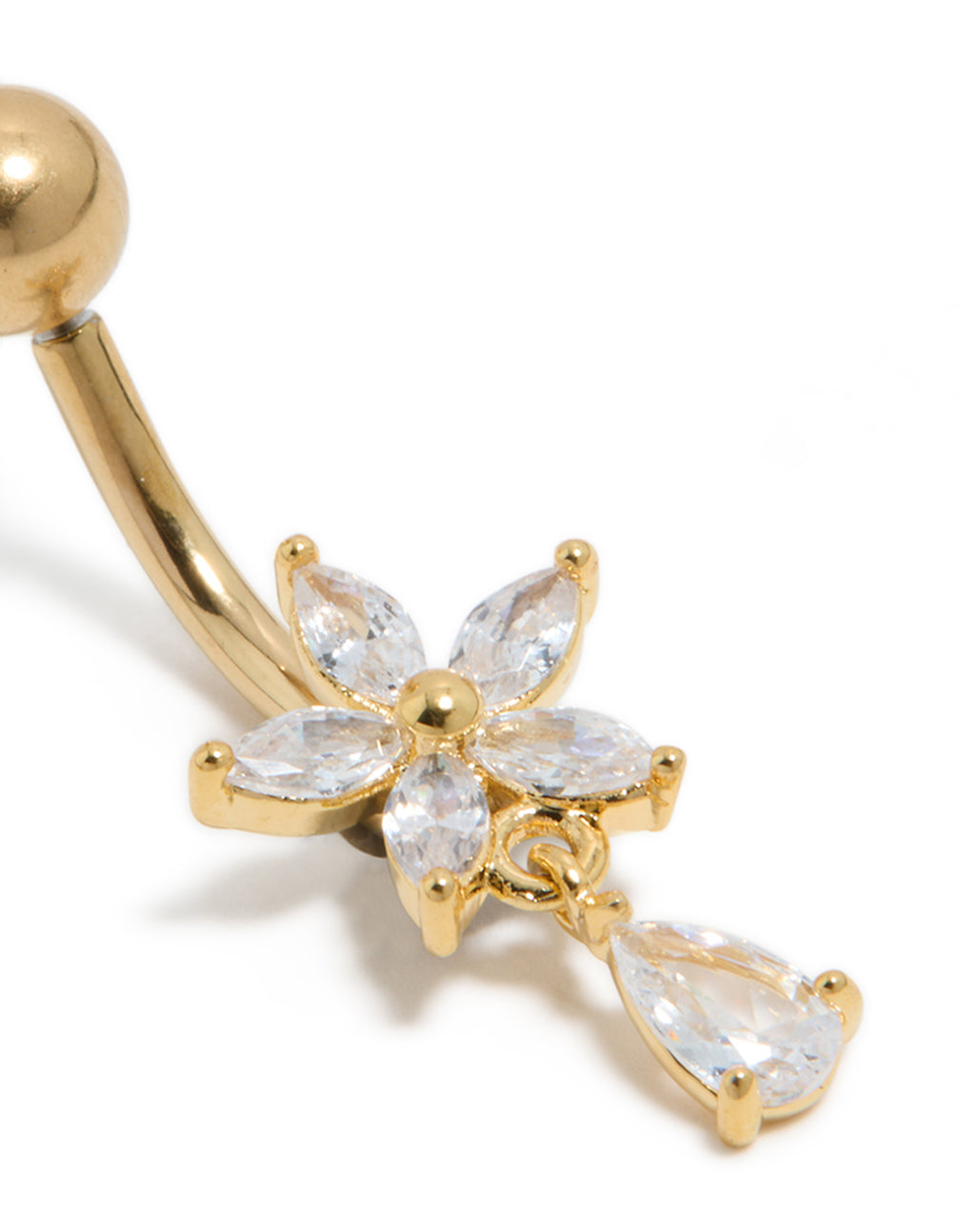 Gold Plated Surgical Steel Cubic Zirconia Flower Pear Threadless  Belly Bar