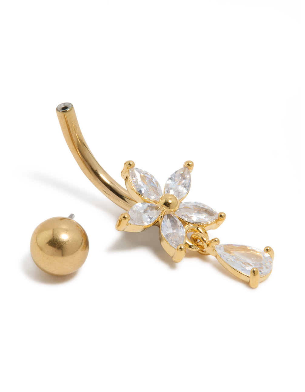 Gold Plated Surgical Steel Cubic Zirconia Flower Pear Threadless  Belly Bar