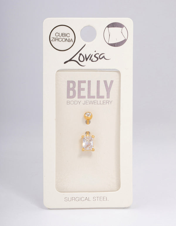 Gold Plated Surgical Steel Cubic Zirconia Classic Square Claw Belly Ring