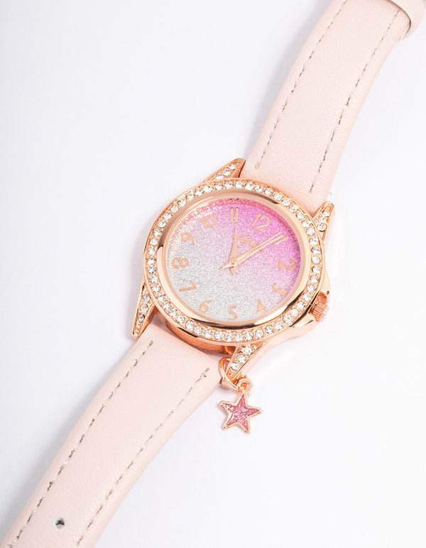 Kids Rose Gold Star Glitter Faux Leather Watch