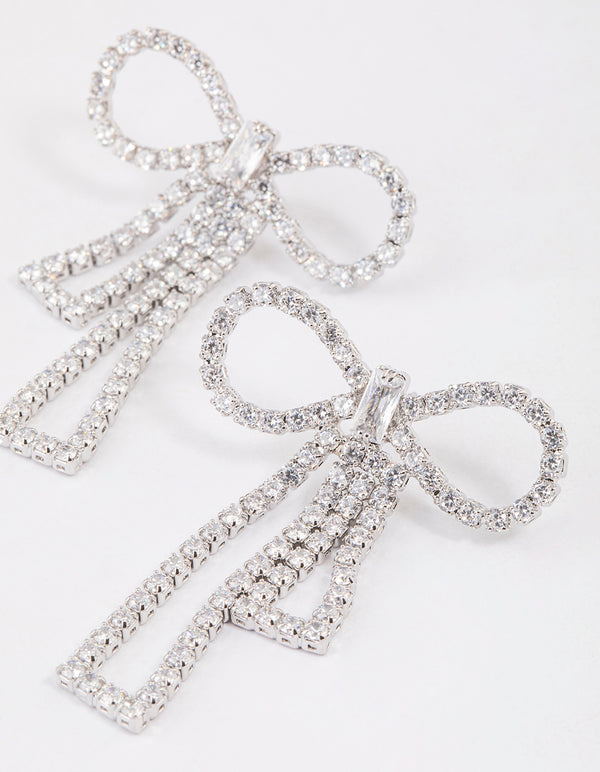 Silver Cubic Zirconia Statement Bow Drop Earrings