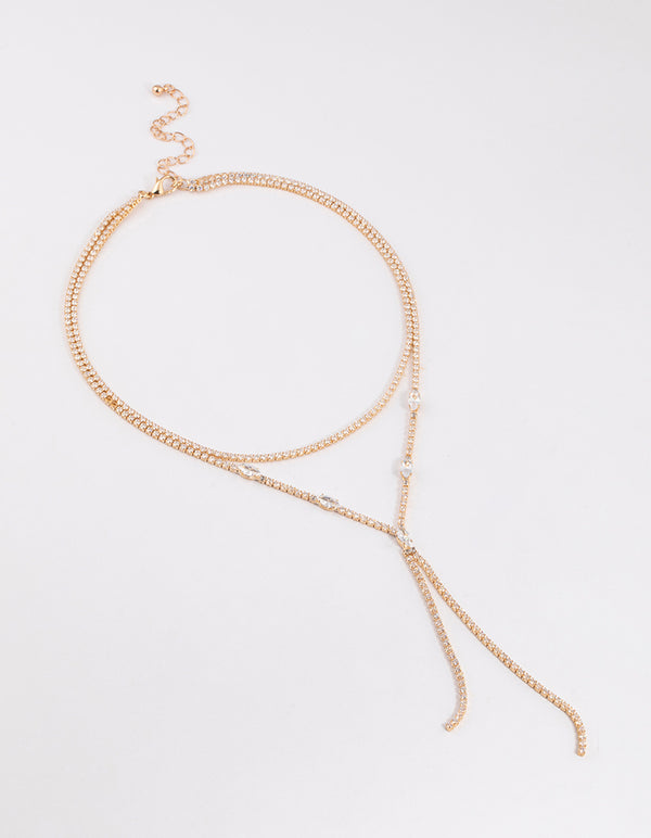 Gold Cubic Zirconia Double Row Split Y-Shaped Necklace