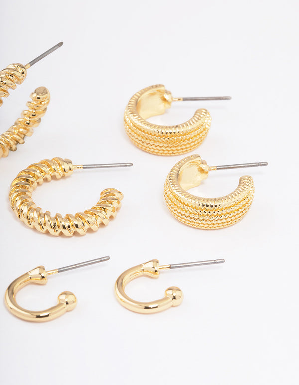 Gold Plated Textured Chunky Hoop Earrings 4-Pack