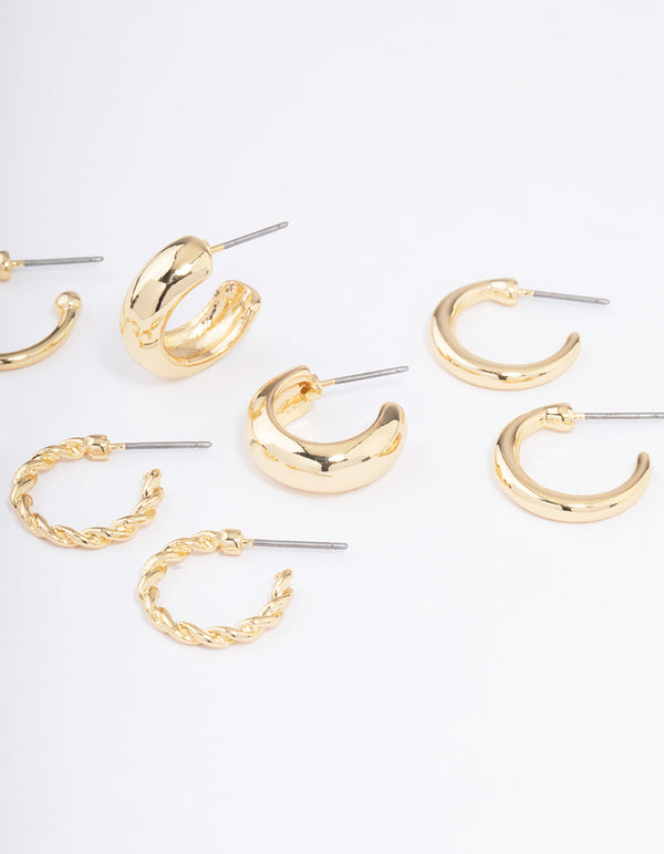 Gold Plated Smooth Chunky Hoop Earrings 4-Pack