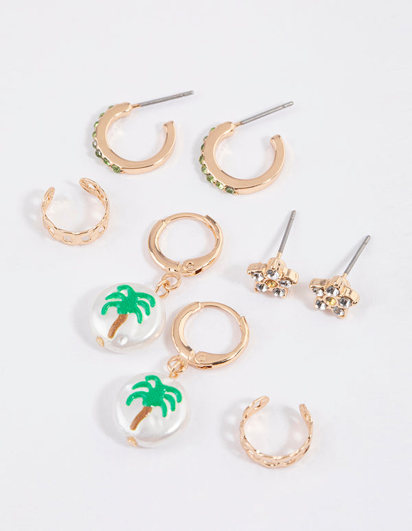 Gold Palm Tree & Pearl Earrings 4-Pack