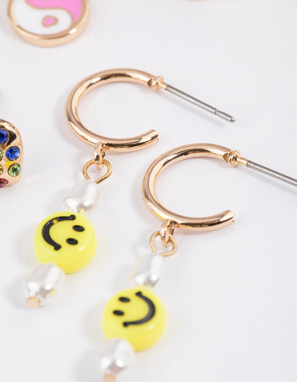 Gold Smiley Heart Earrings 4-Pack