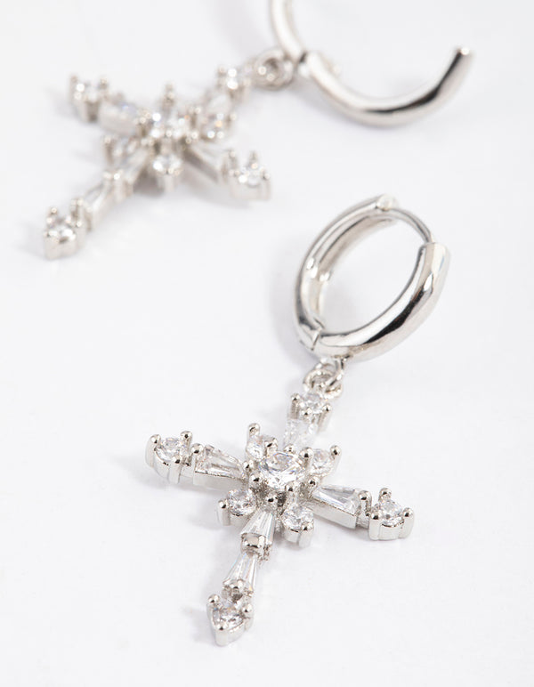 Silver Cubic Zirconia Decorated Cross Drop Earrings