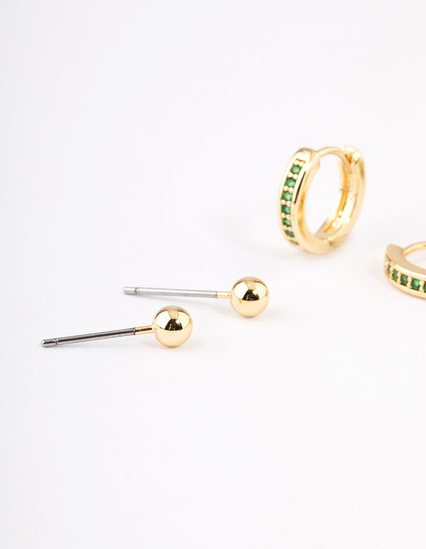 Gold Plated Brass Cubic Zirconia Marquise Stud & Hoop Earrings Pack