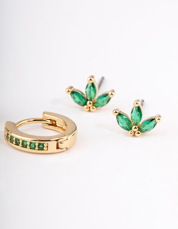 Gold Plated Brass Cubic Zirconia Marquise Stud & Hoop Earrings Pack