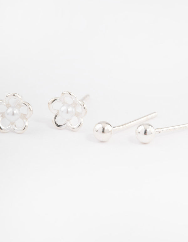 Sterling Silver Pearl Flower Stud Earring Pack