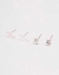 Sterling Silver Diamante Stud & Cross Earring Pack - link has visual effect only