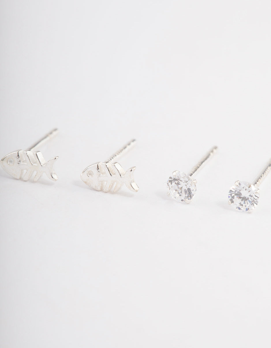 Sterling Silver Diamante & Fish Stud Earring Pack