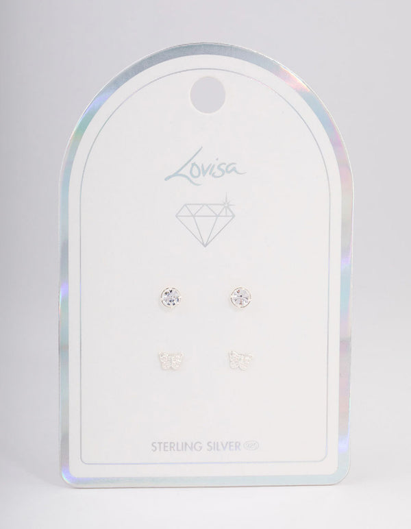 Sterling Silver Diamante & Butterfly Earring Pack