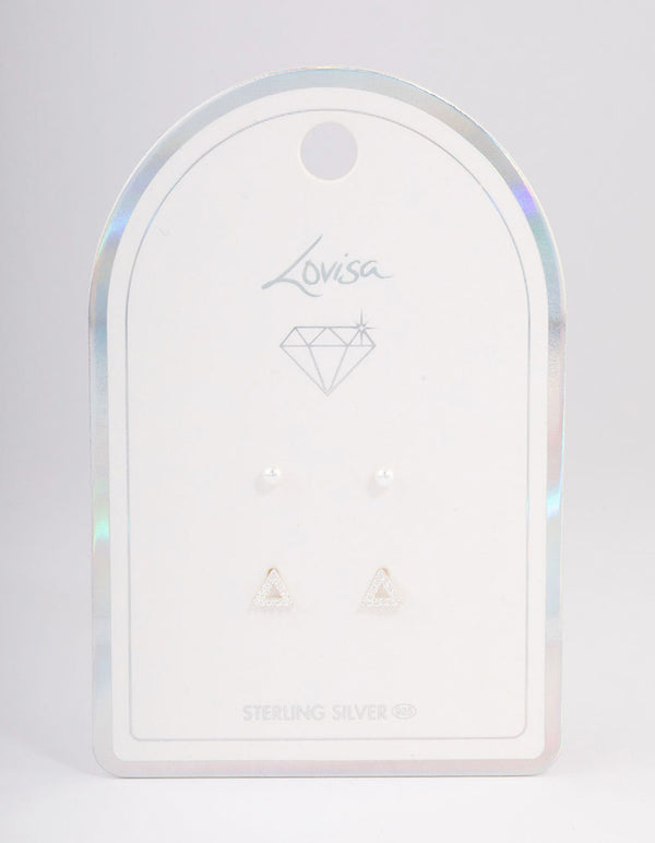 Sterling Silver Diamante Triangle & Pearl Stud Earring Pack