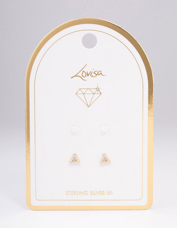 Gold Plated Sterling Silver Diamante Triangle & Pearl Stud Earring Pack