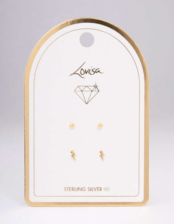 Gold Plated Sterling Silver Lightning Bolt Stud Earring Pack