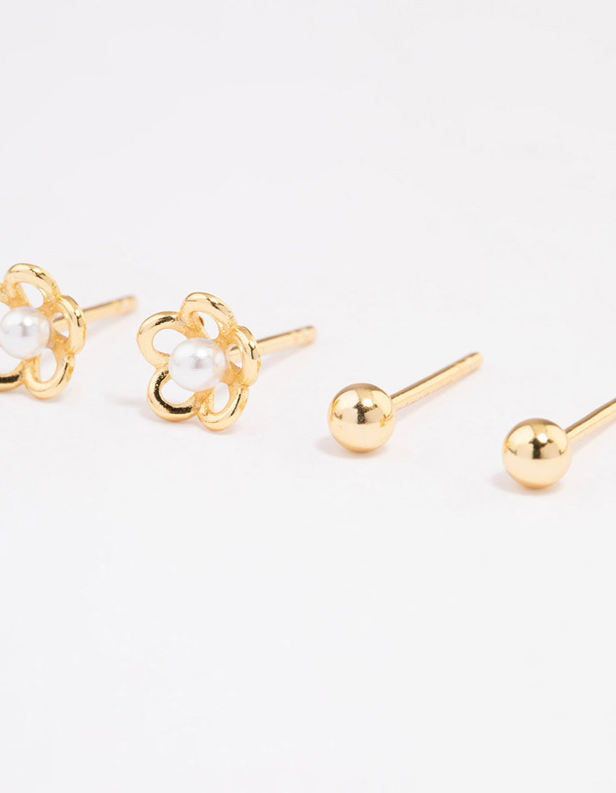 Gold Plated Sterling Silver Pearl & Flower Stud Earring Pack