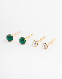 Gold Plated Sterling Silver Green & Diamante Stud Earring Pack - link has visual effect only
