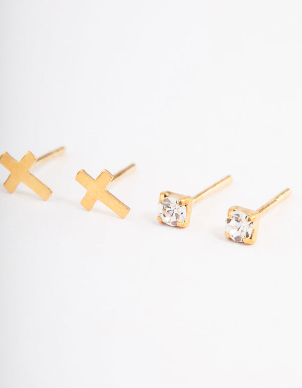 Gold Plated Sterling Silver Diamante & Cross Stud Earring Pack