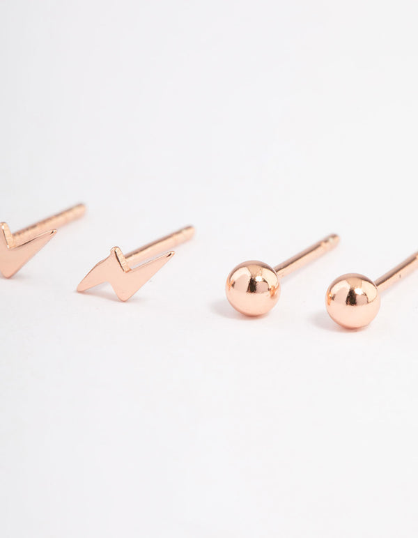 Rose Gold Plated Sterling Silver Lightning Bolt Stud Earring Pack