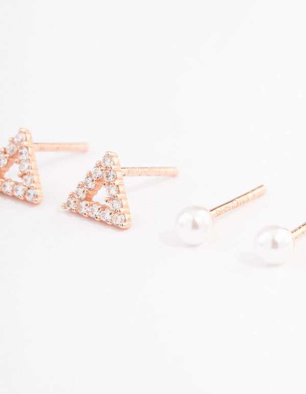 Rose Gold Plated Sterling Silver Diamante Triangle & Pearl Stud Earring Pack