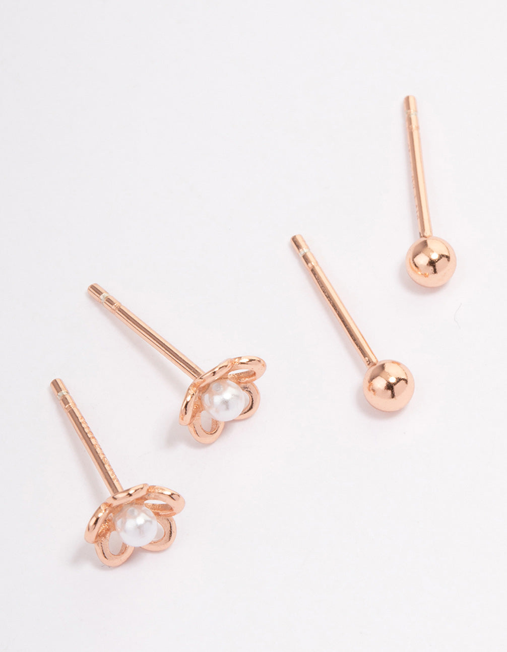 Rose Gold Plated Sterling Silver Pearl & Flower Stud Earring Pack