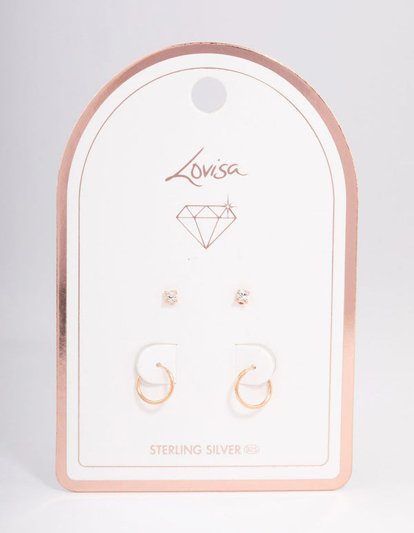 Rose Gold Plated Sterling Silver Diamante Stud & Hoop Earring Pack