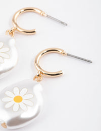 Gold Daisy Flower Pearl Huggie Earrings - link has visual effect only