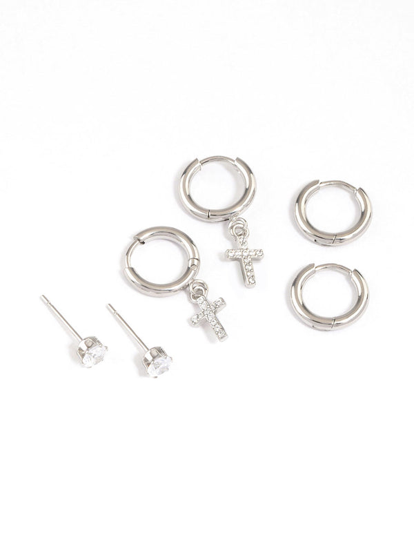 Surgical Steel Small Cross Huggie Earrings Pack