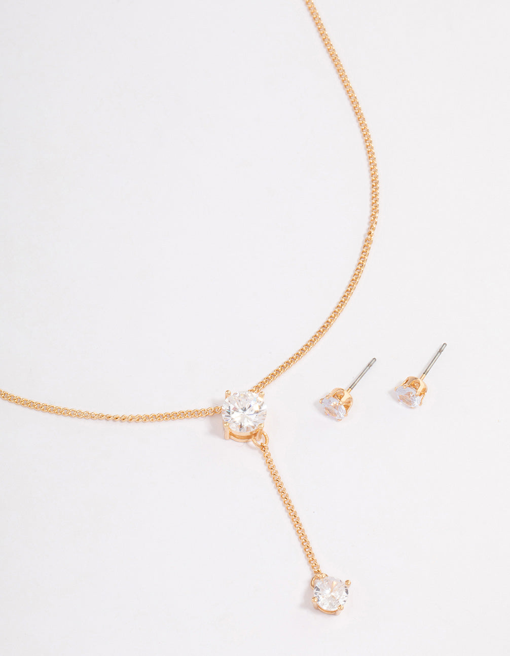 Gold Diamante Y-Shape Necklace & Stud Earrings Jewellery Set