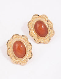 Gold Ornate Oval Orange Flower Stud Earrings - link has visual effect only
