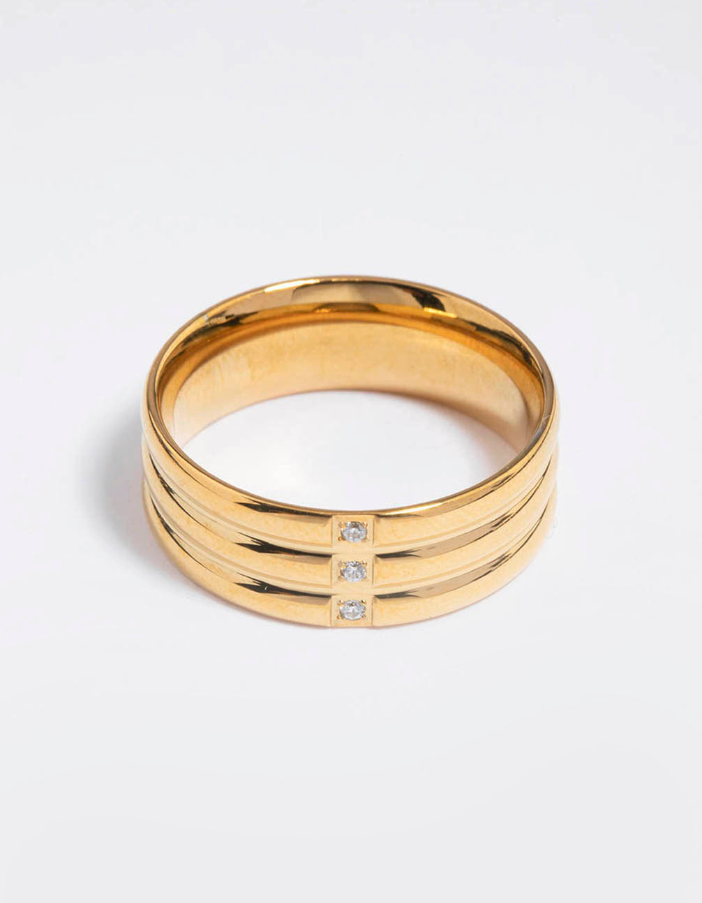 Waterproof Gold Plated Stainless Steel Cubic Zirconia Triple Plain Band Ring