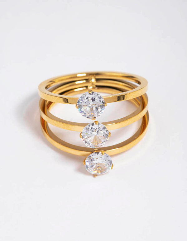 Waterproof Gold Plated Stainless Steel Cubic Zirconia Triple Tier Ring