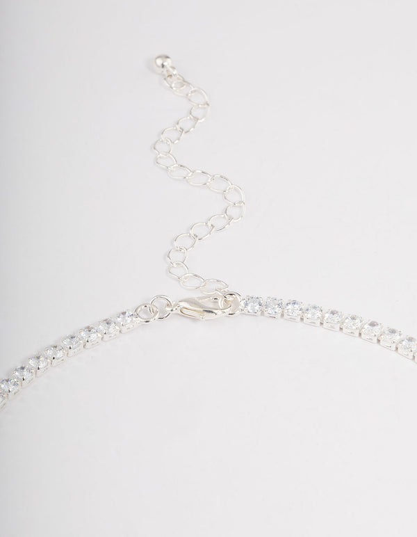 Silver Plated Cubic Zirconia Round & Baguette V-Necklace