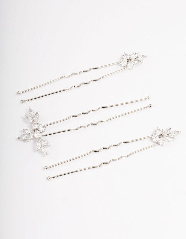 Silver Plated Cubic Zirconia Marquise Leaf Hair Pins Pack