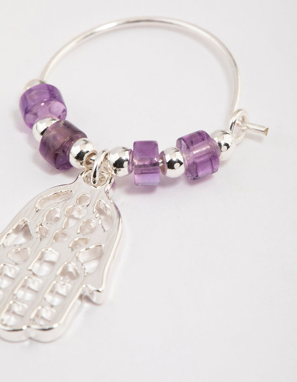 Silver Amethyst Beaded Texture Hoop Earrings