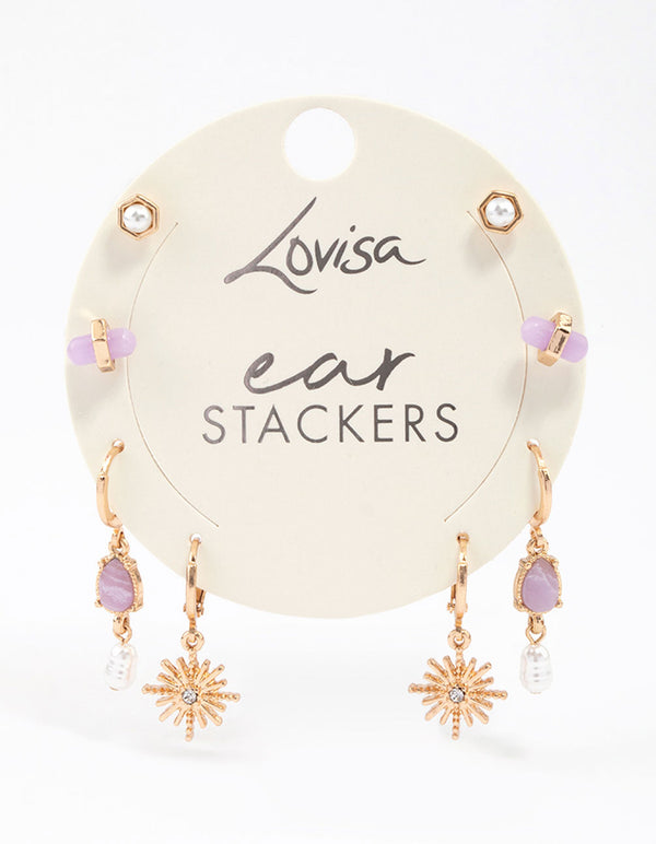 Gold Amethyst Celestial & Pearly Earrings 4-Pack