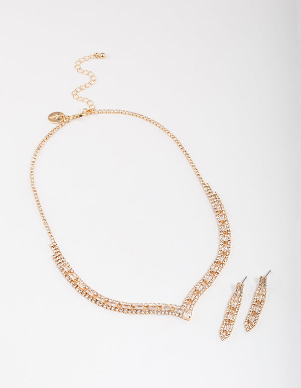 Gold Rectangle Graduating Pendant Earrings & Necklace Set