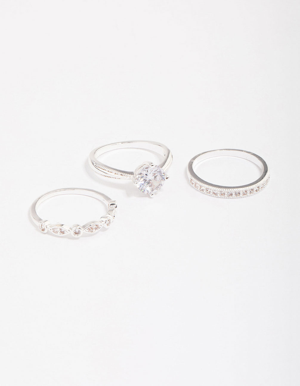 Silver Plated Cubic Zirconia Round Stone Ring Pack