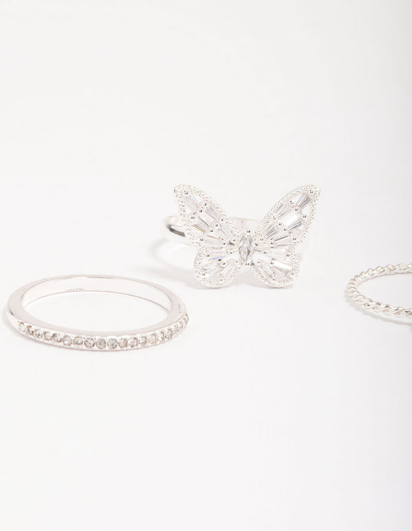 Silver Plated Cubic Zirconia Butterfly Ring Pack