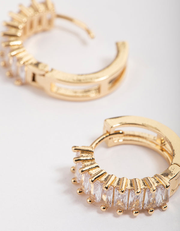 Gold Plated Cubic Zirconia Classic Baguette Hoop Earrings
