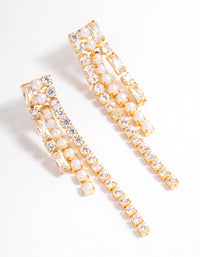 Gold Plated Cubic Zirconia Round & Baguette Pearl Drop Earrings - link has visual effect only
