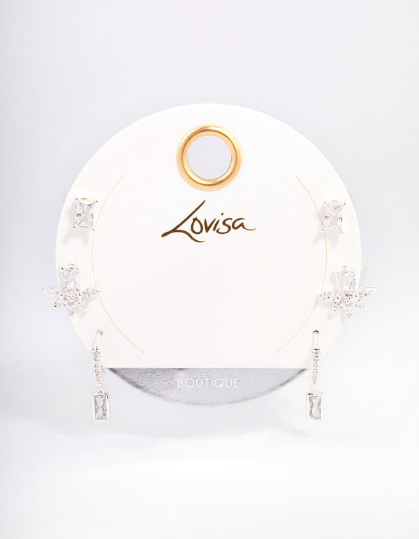 Silver Plated Cubic Zirconia Baguette & Marquise Earrings Pack