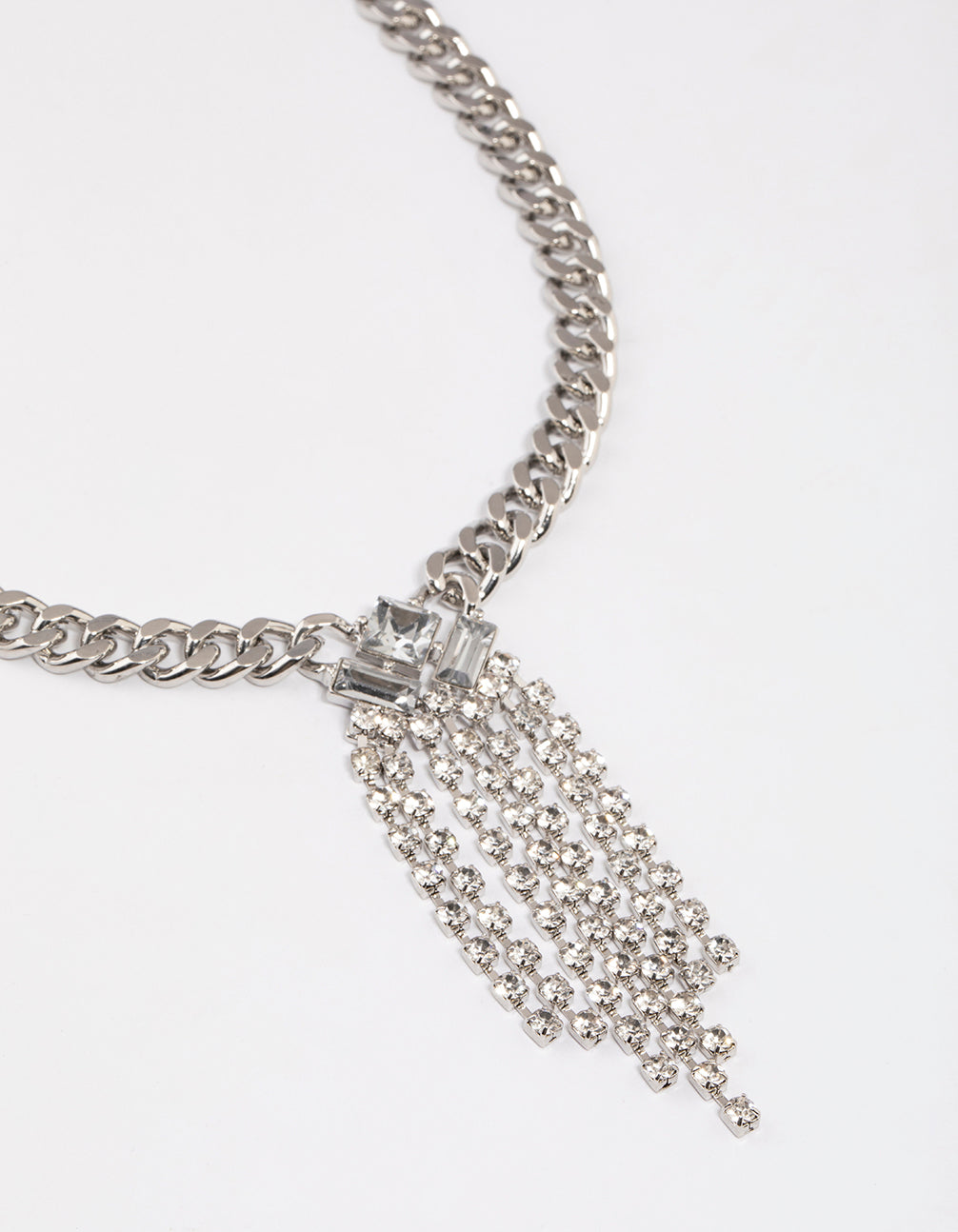 Silver Thick Chain Diamante Fringe Necklace