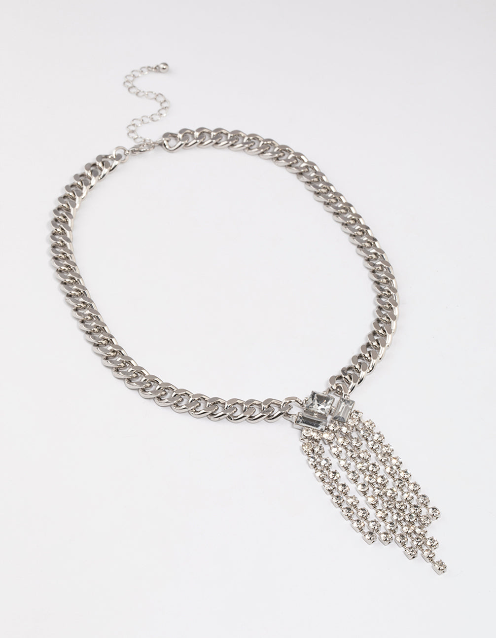 Silver Thick Chain Diamante Fringe Necklace