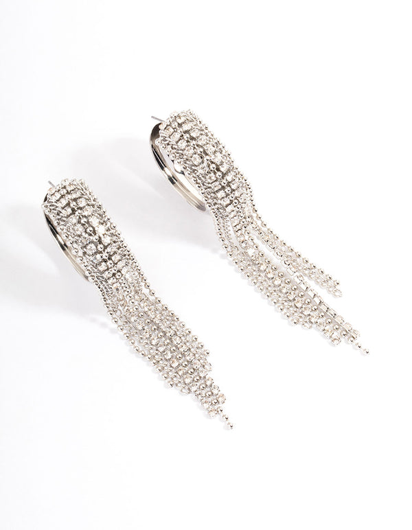 Silver Diamante Statement Tassel Hoop Earrings