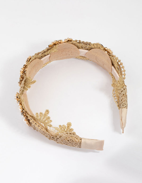 Neutral Fabric Embellished Lace Headband