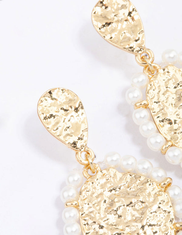 Gold Plated Molten Disc Freshwater Pearl Drop Earrings