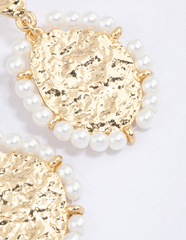 Gold Plated Molten Disc Freshwater Pearl Drop Earrings