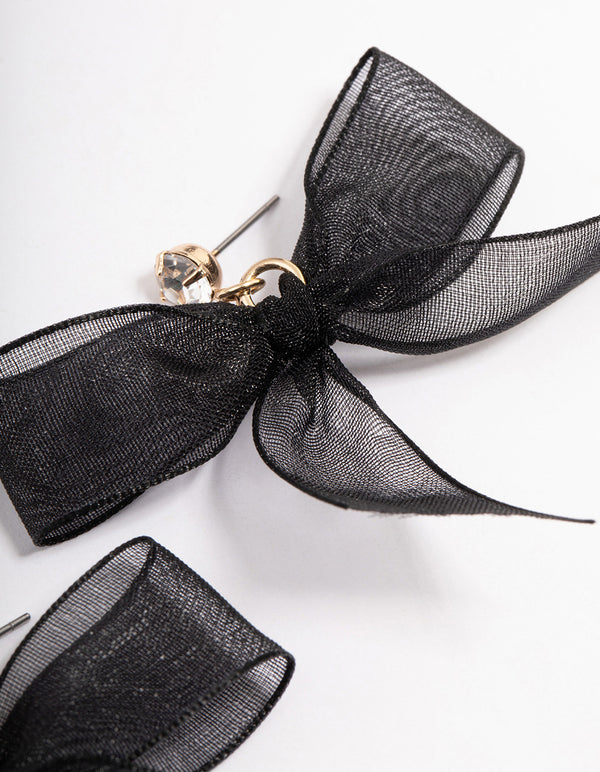 Gold & Black Fabric Diamante Bow Drop Earrings